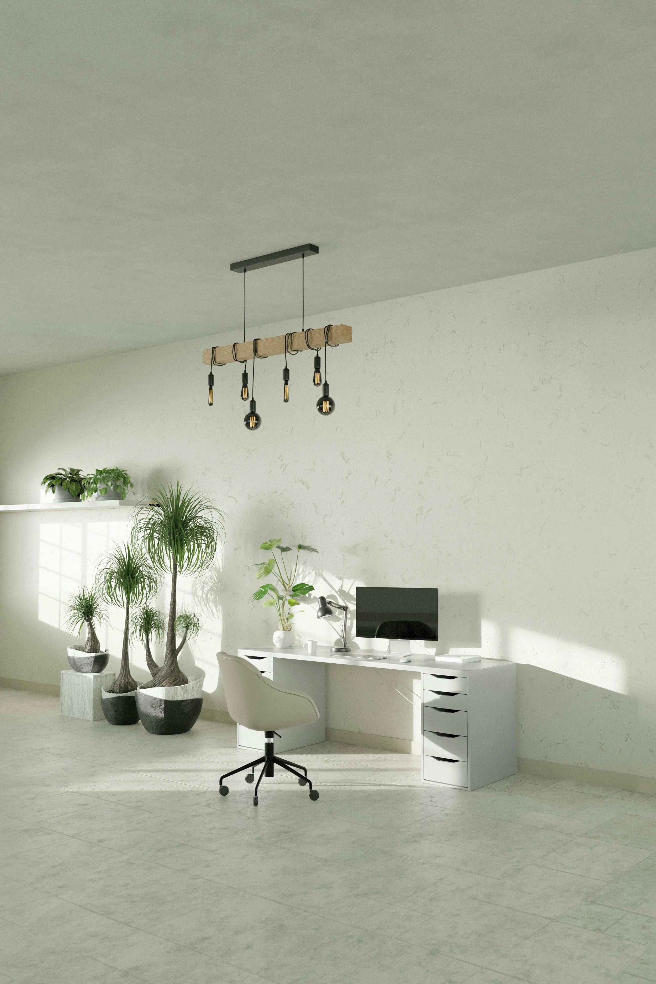 Minimalist home office with white desk, computer, white chair, potted plants, and hanging light fixture.