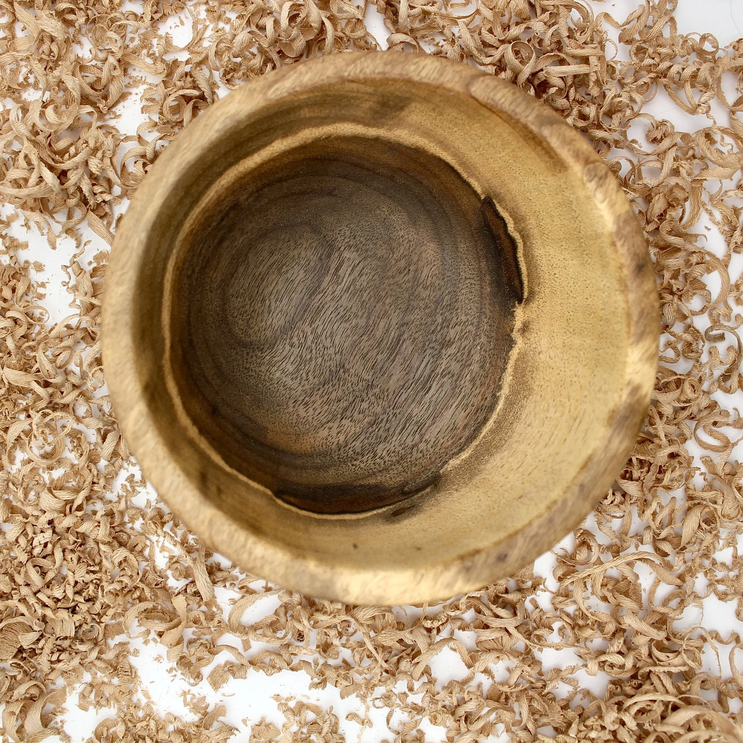 A close-up of the inside of a wooden bowl surrounded by wood shavings.