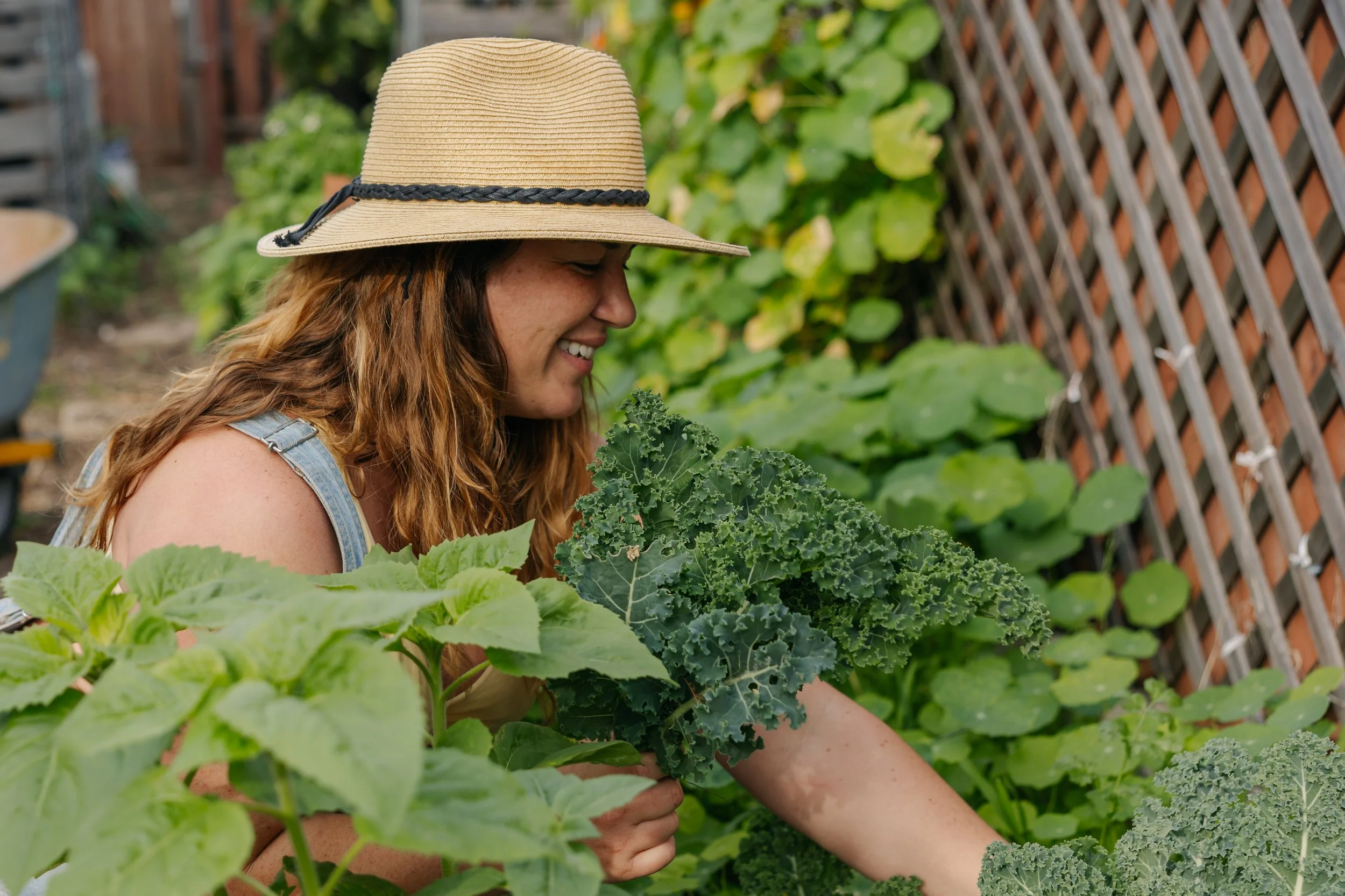 A woman wearing a straw hat and denim shirt tending to kale and squash plants in her garden.