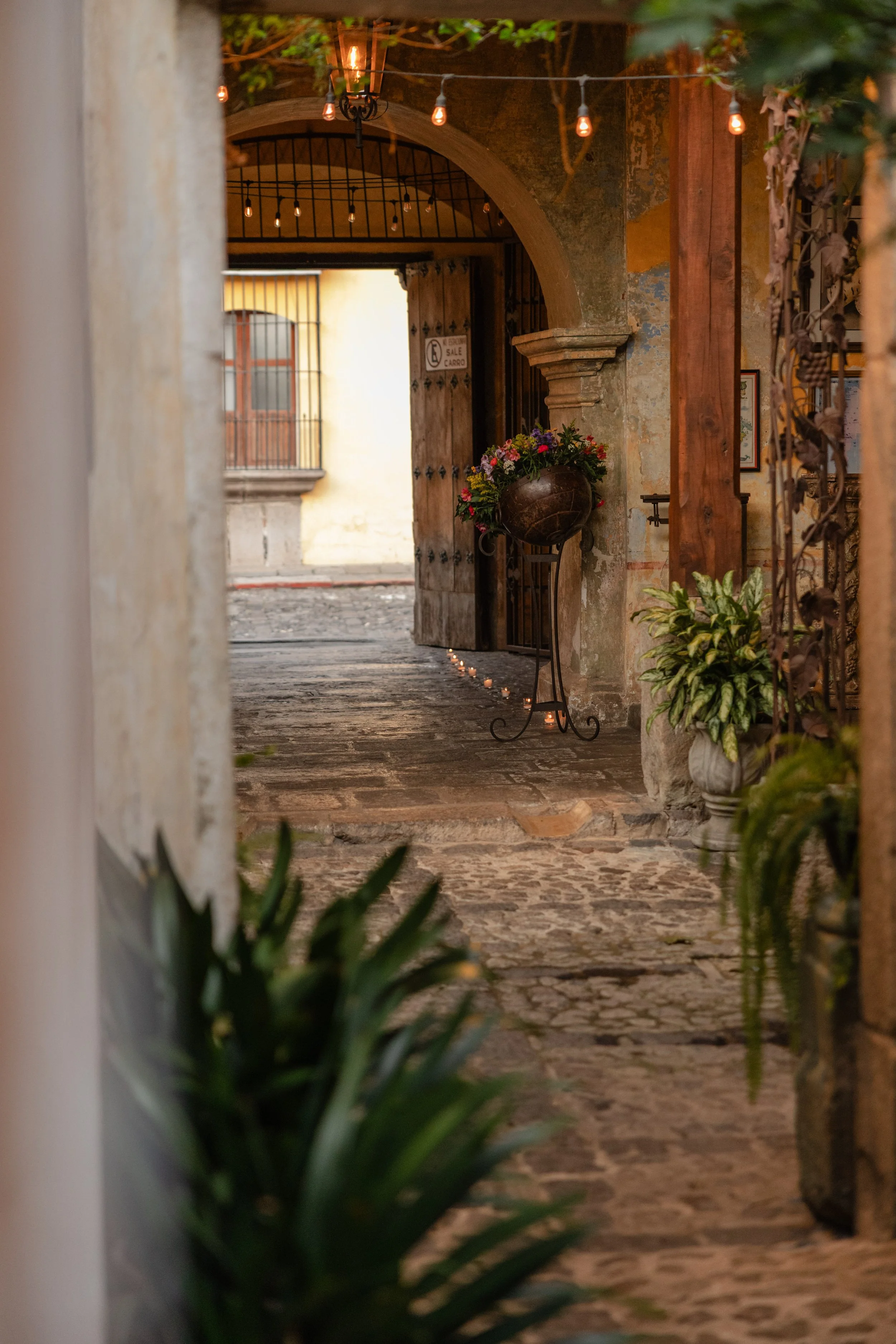 A cobblestone alleyway with potted plants, decorative lighting, and an open wooden door leading to an outdoor area with a small balcony.
