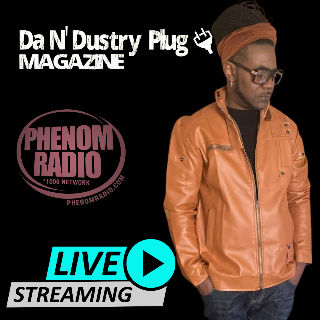 Promotional graphic for Da'N Dusty Plug Magazine, featuring a man wearing a brown leather jacket and glasses, with text advertising live streaming on Phenomen Radio.