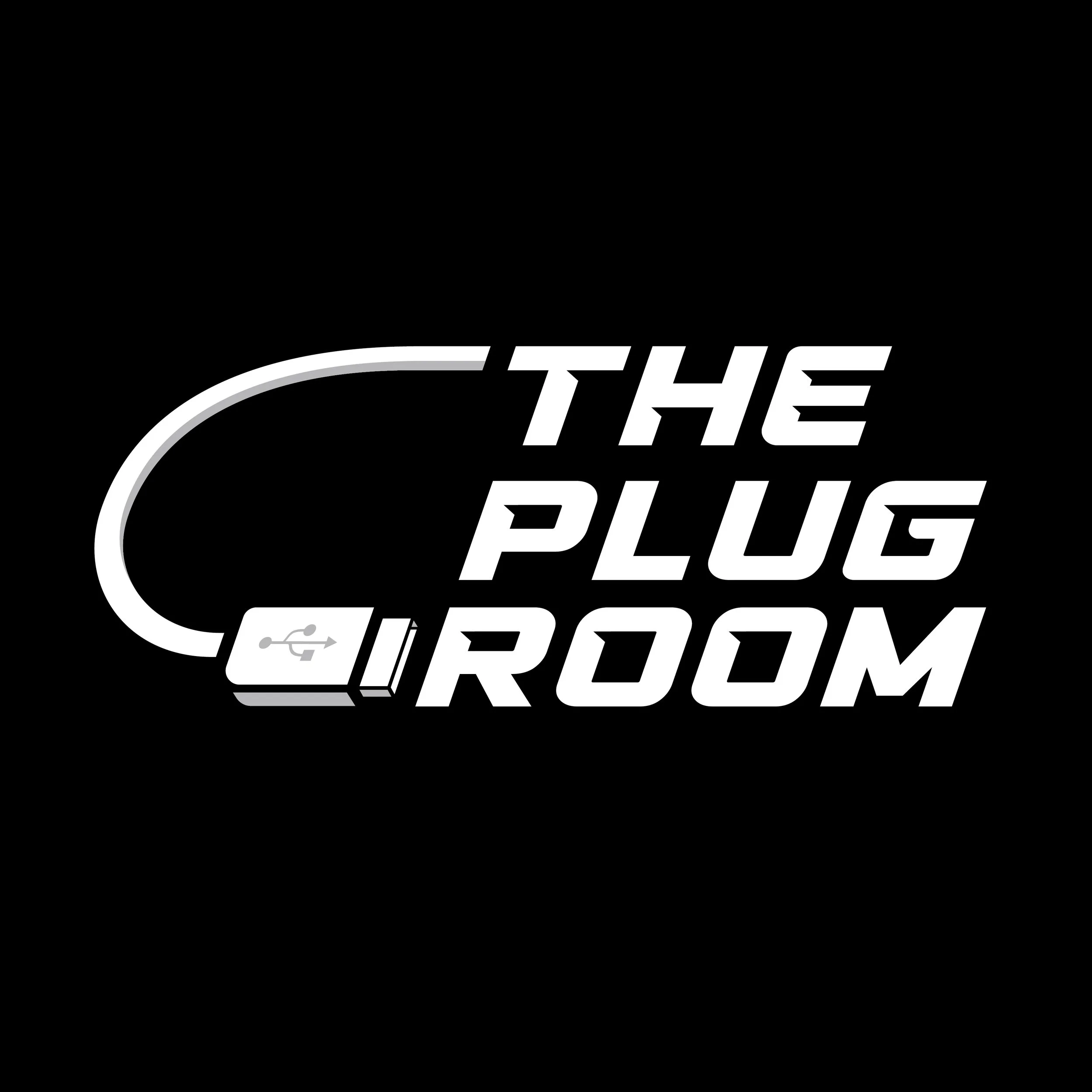 Black background with a stylized white electric plug and cord design, and the text 'The Plug Room' in bold white letters.