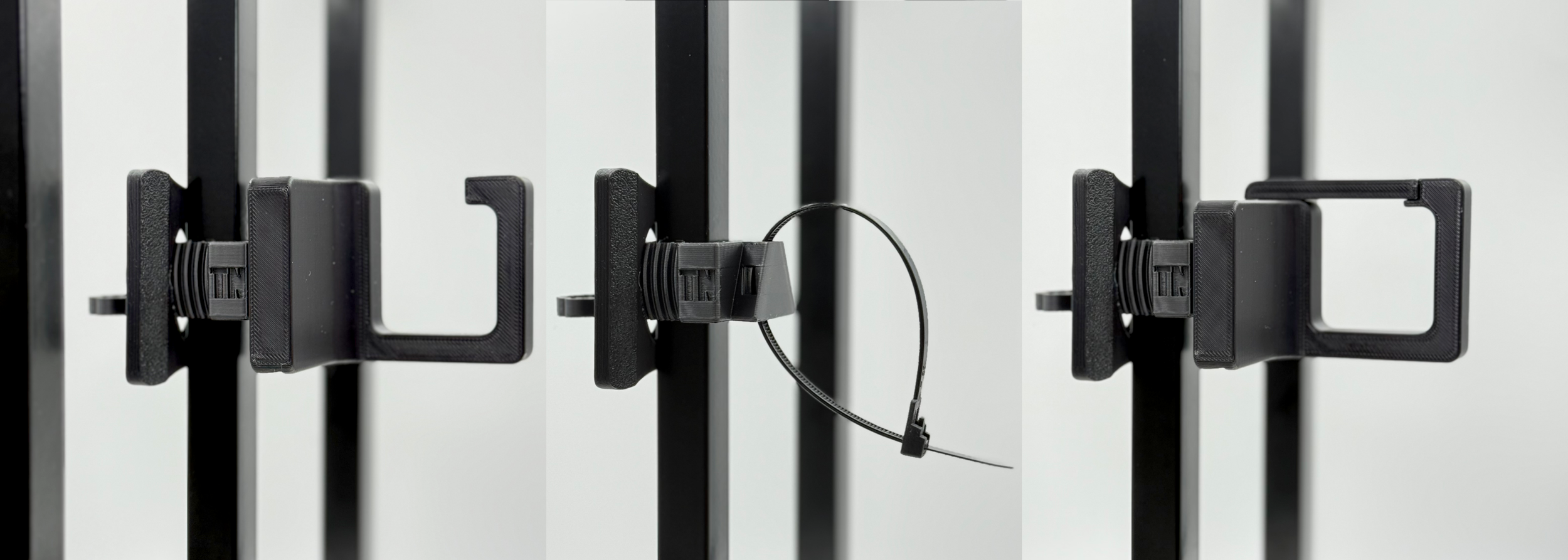 A black fence picket mount system with multiple attachments