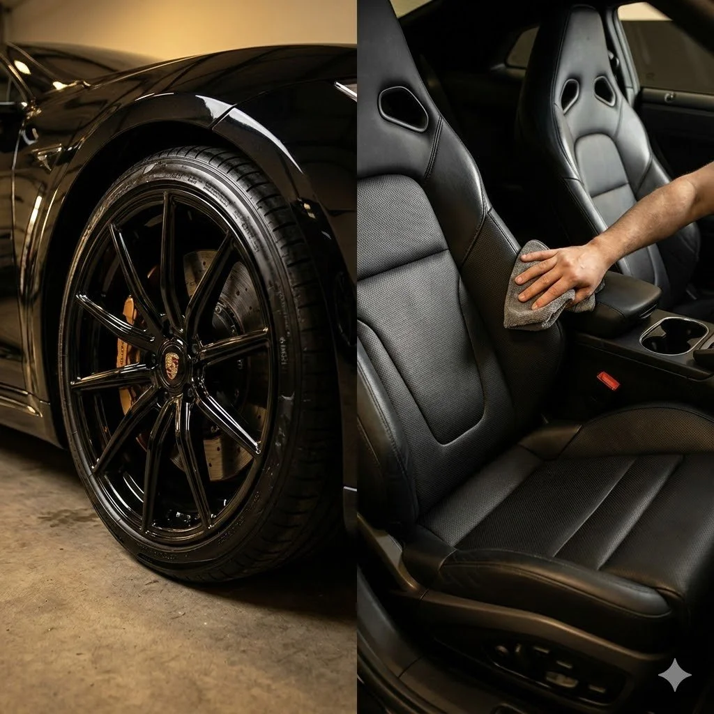 Close-up of a black sports car wheel with a shiny rim, and the interior of the car showing black leather seats being cleaned with a cloth by a person.
