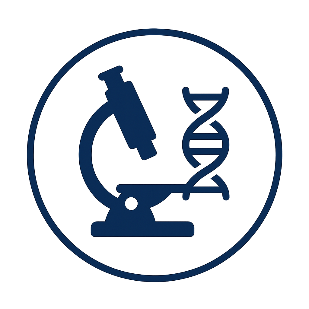 A dark blue illustration of a microscope and a DNA double helix inside a circle.