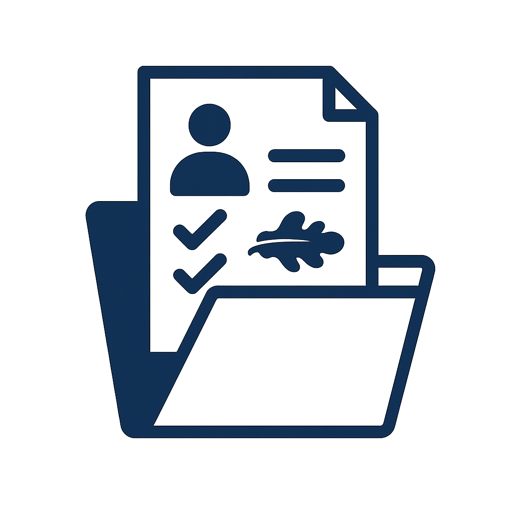 Icon of a folder containing a document with a profile picture, checkmarks, a signature, and a fingerprint.