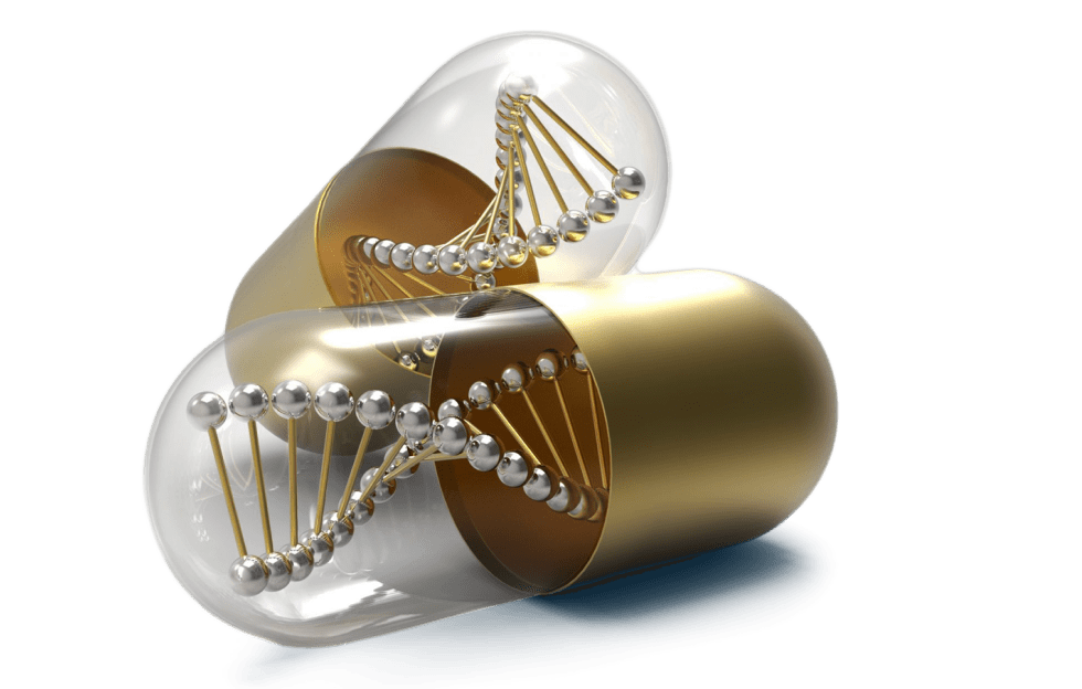 A capsule pill with a transparent half revealing a DNA double helix structure inside, with a metallic and gold color scheme.