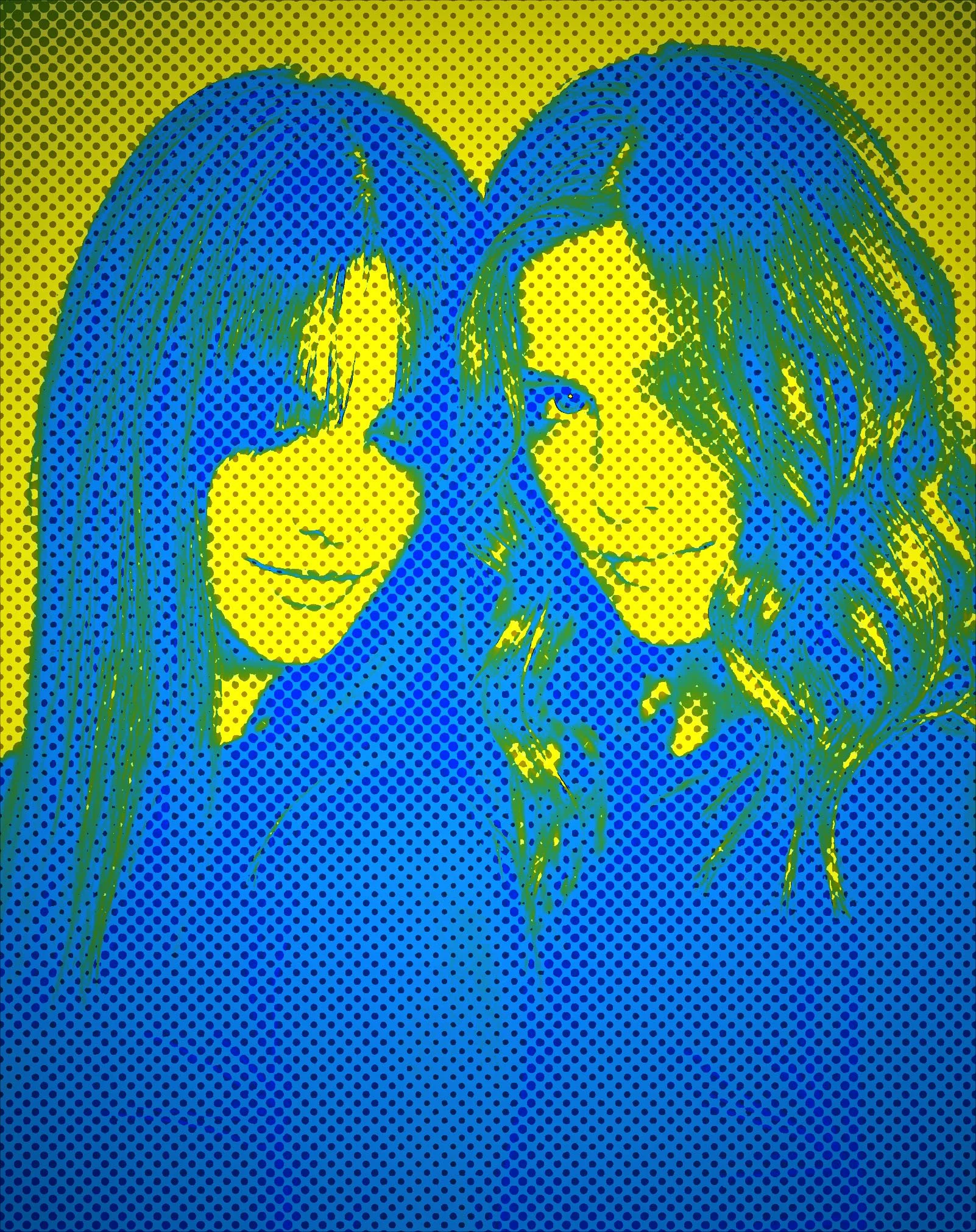 Pop art style illustration of two young women close together, one with straight hair and the other with wavy hair, set against a yellow background with blue and green color accents.