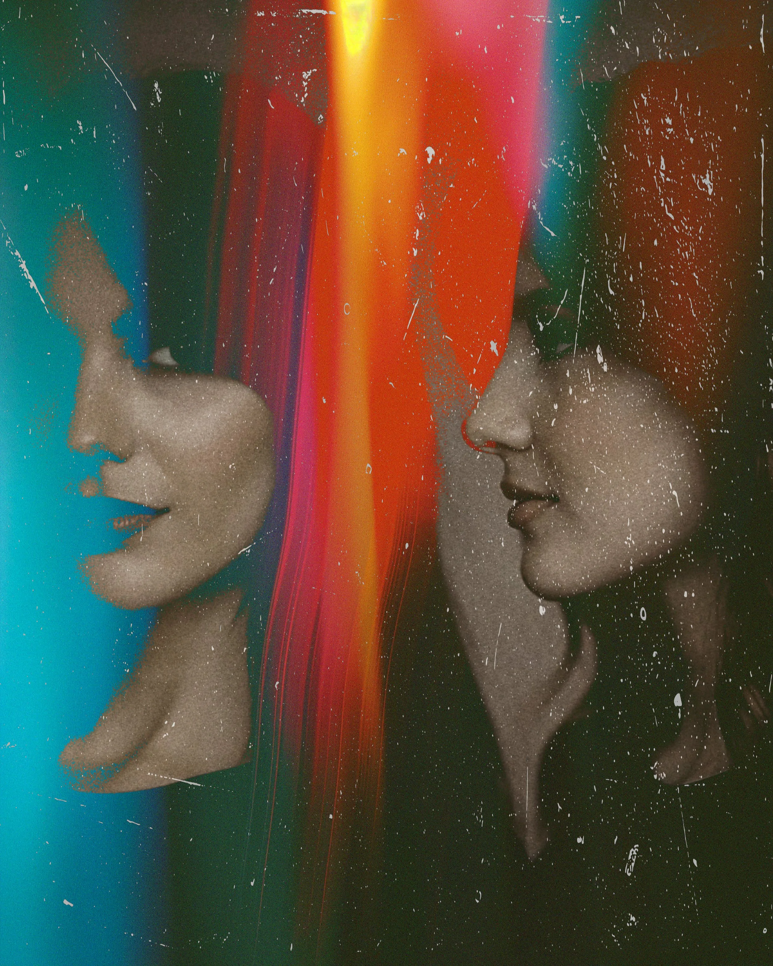 Black and white photo of two women facing each other, with colorful light streaks and textured effects overlaying the image.