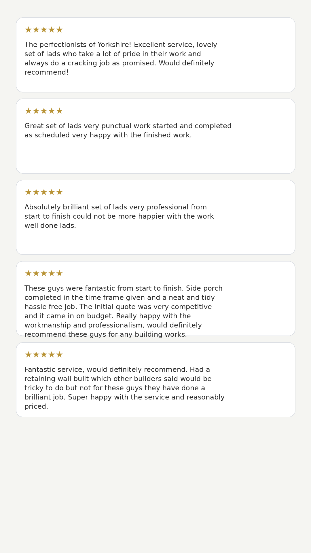Customer reviews praising the professional construction services of a team of workers, with five-star ratings.