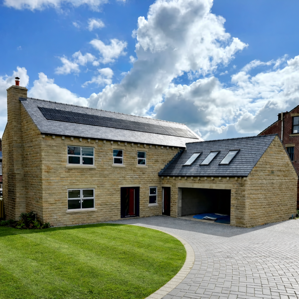 A house with solar panels on the roof, a brick exterior, a driveway, and a green lawn under a partly cloudy sky.