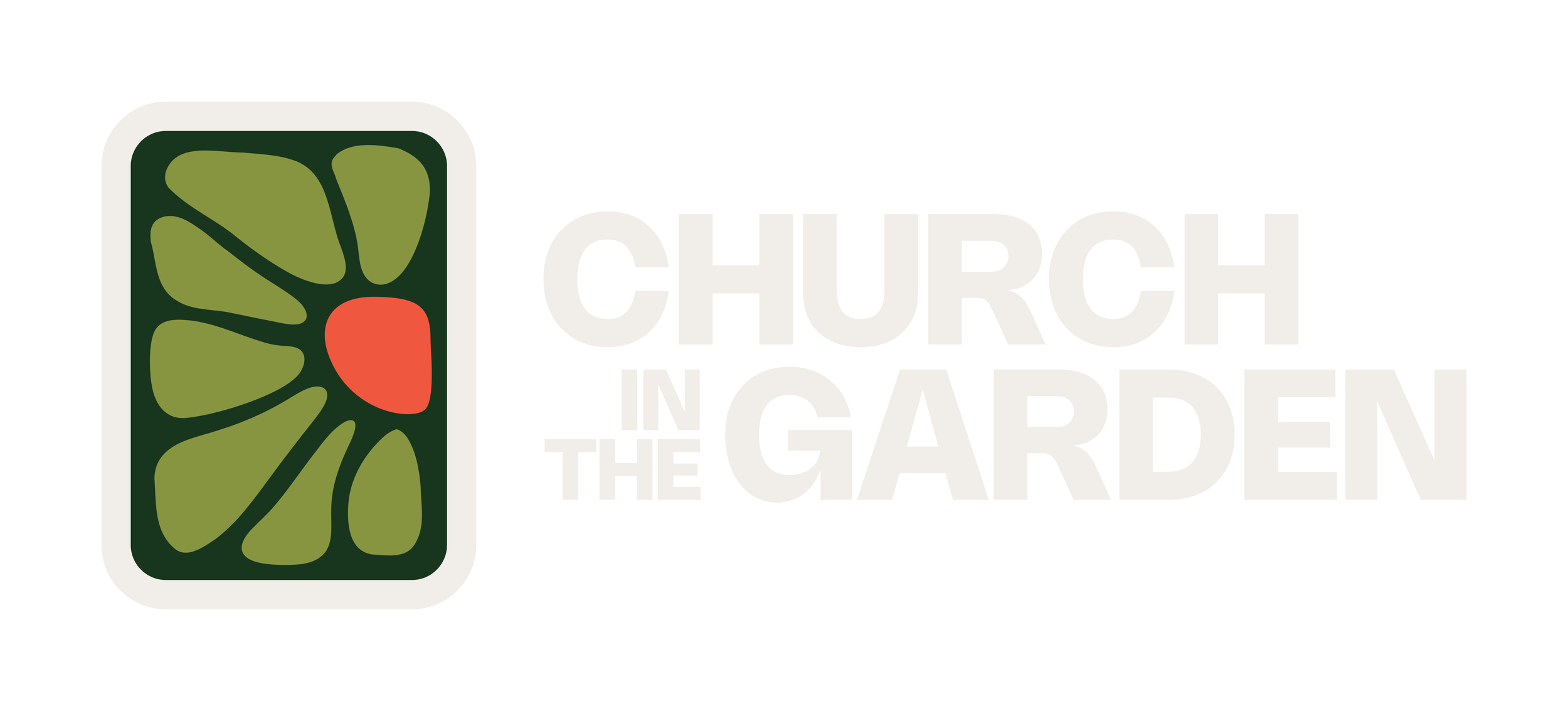 Logo for 'Church in the Garden' featuring a stylized flower with green petals and a red center