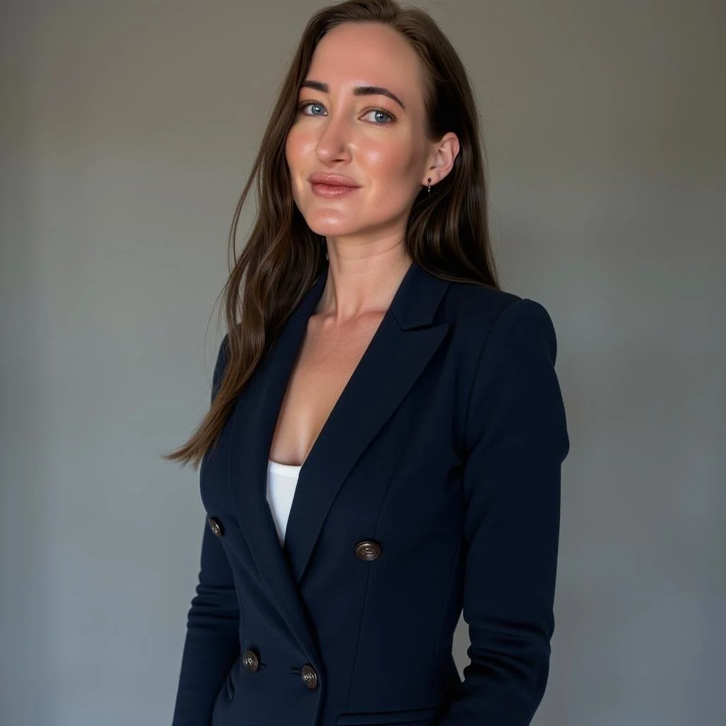 A woman with long brown hair and blue eyes wearing a navy blazer over a white top, standing against a plain gray background.