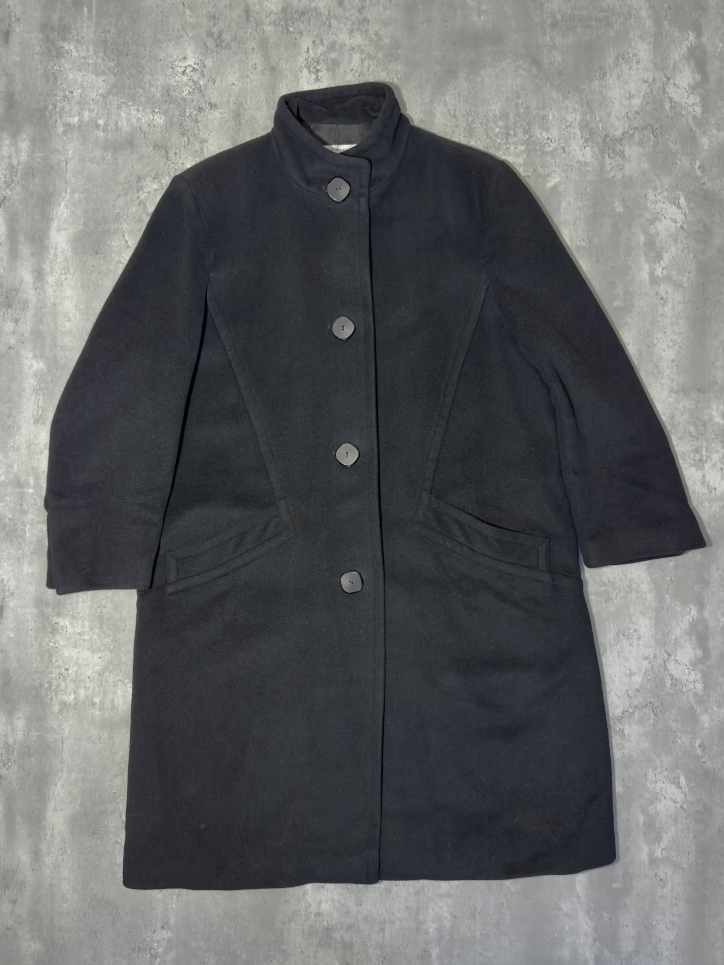 Vintage Balenciaga black paneled wool coat with high neck and oversized fit
