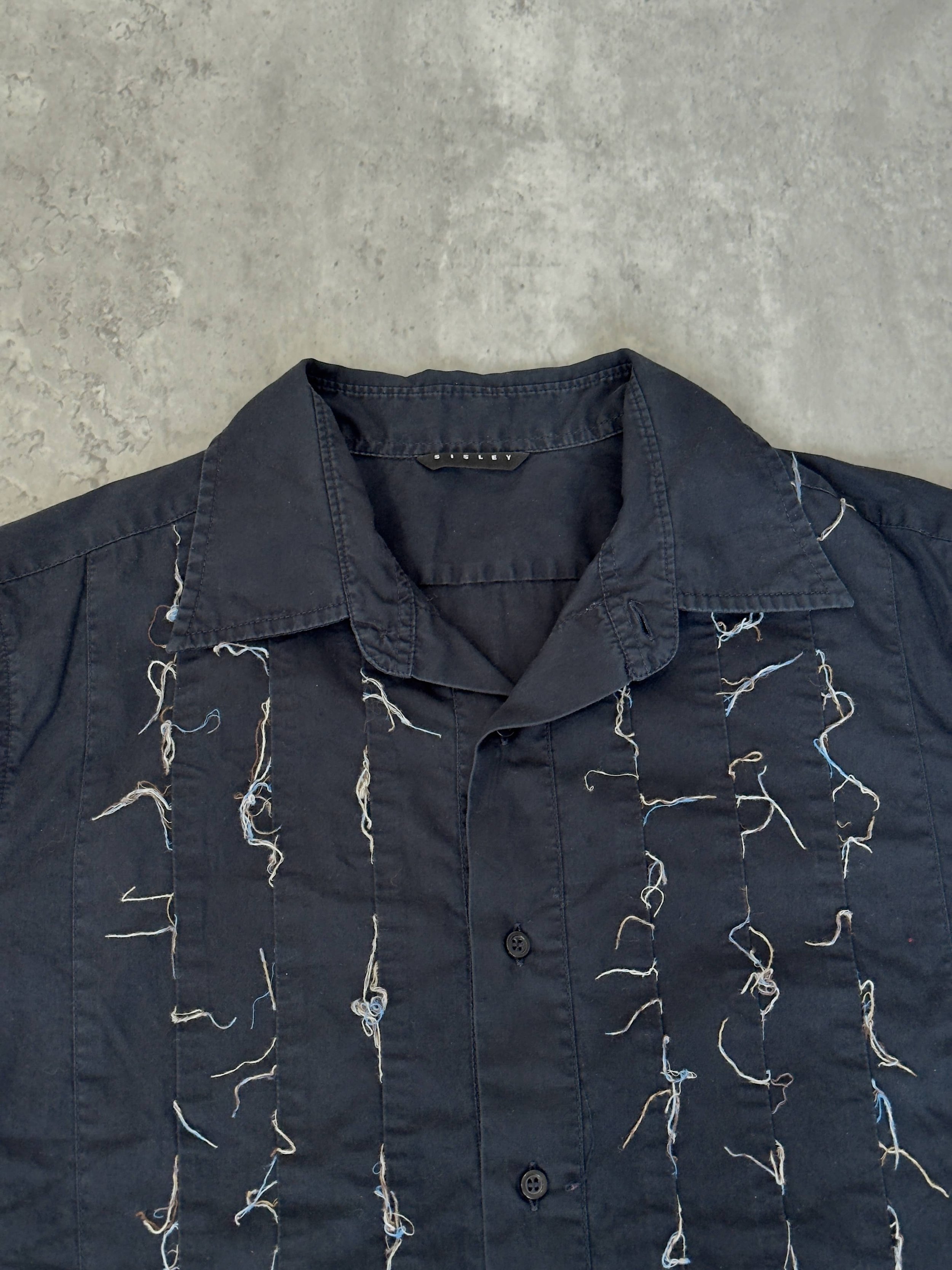 vintage sisley faded black cotton shirt with multicolor fringe detailing