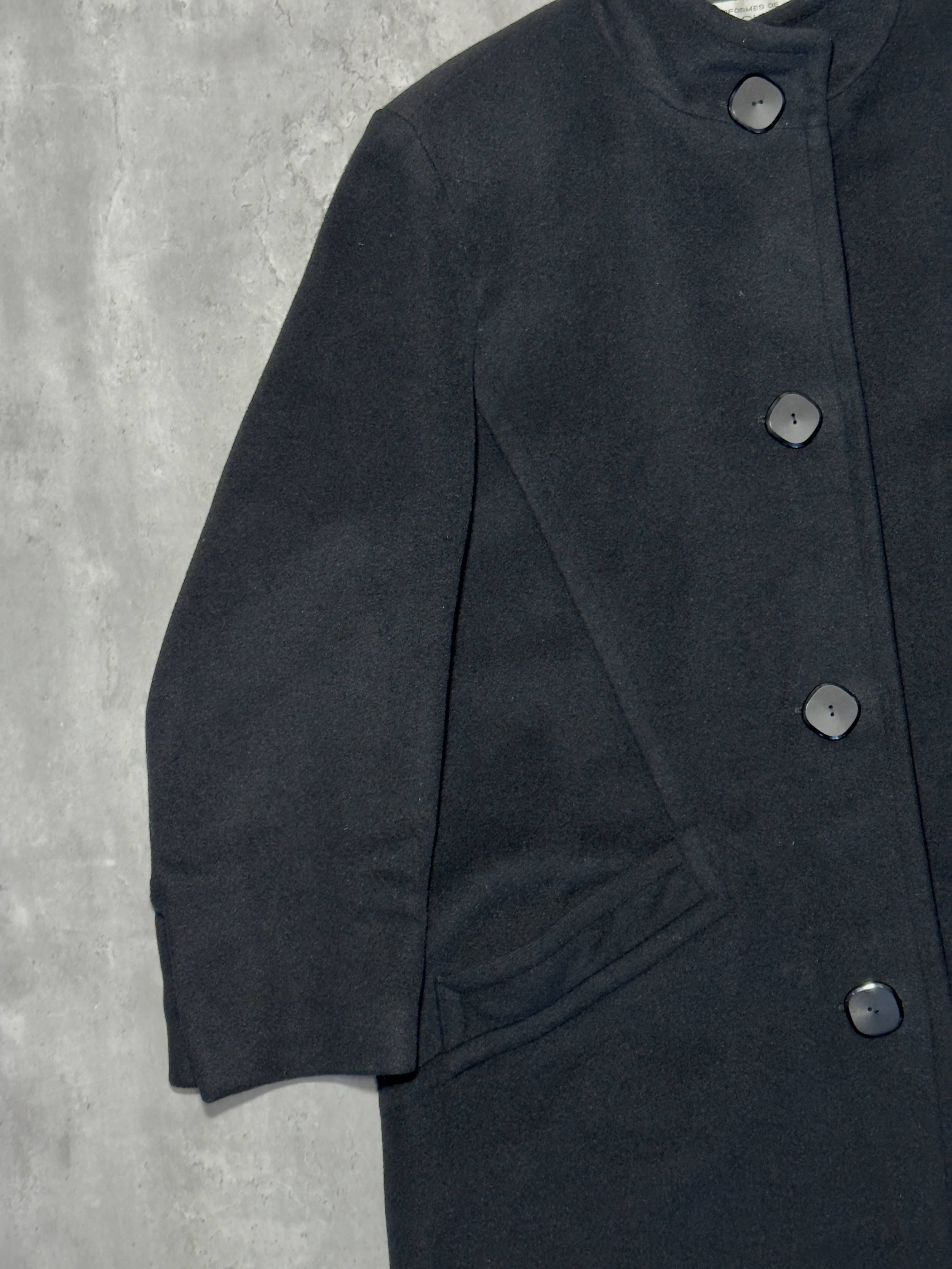 Vintage Balenciaga black paneled wool coat with high neck and oversized fit