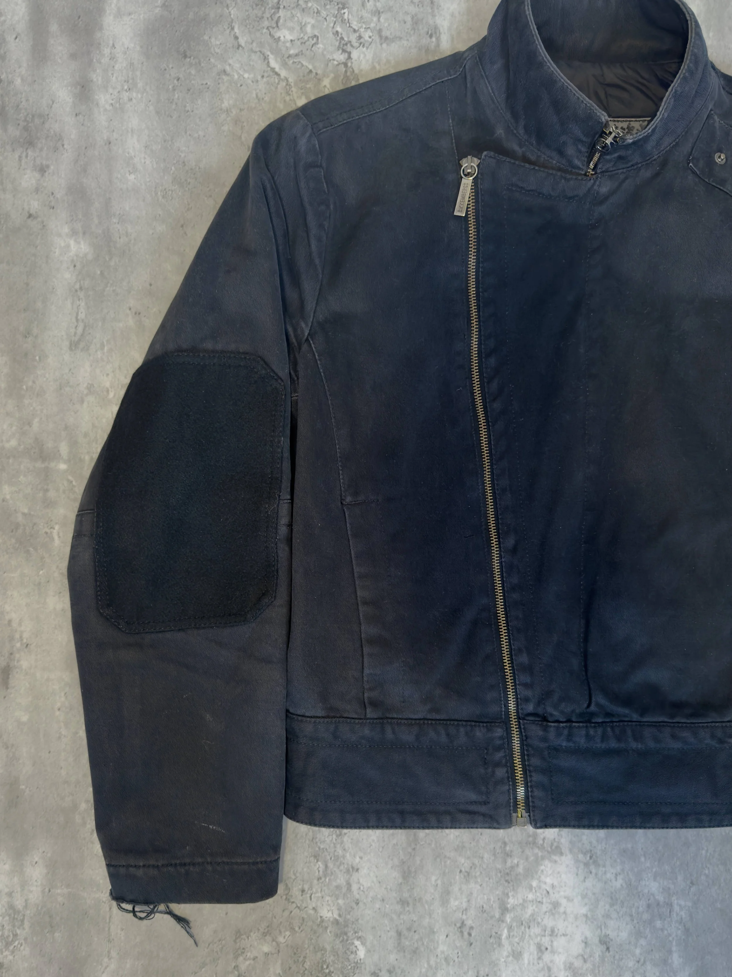 archive dirk bikkembergs washed black cotton workwear jacket with asymmetric zippers