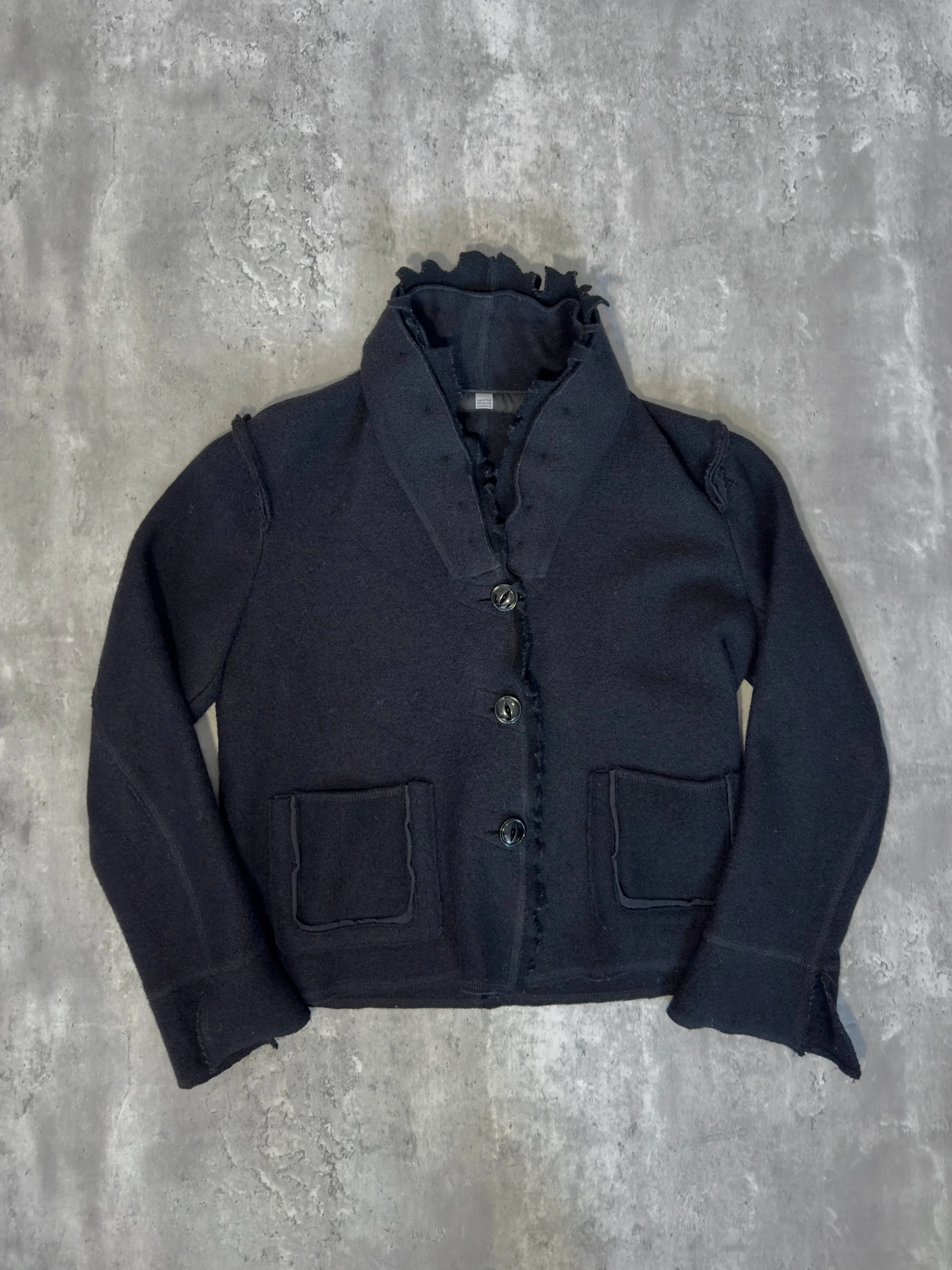 archive black wool jacket by marithe francois girbaud with raw seam detailing