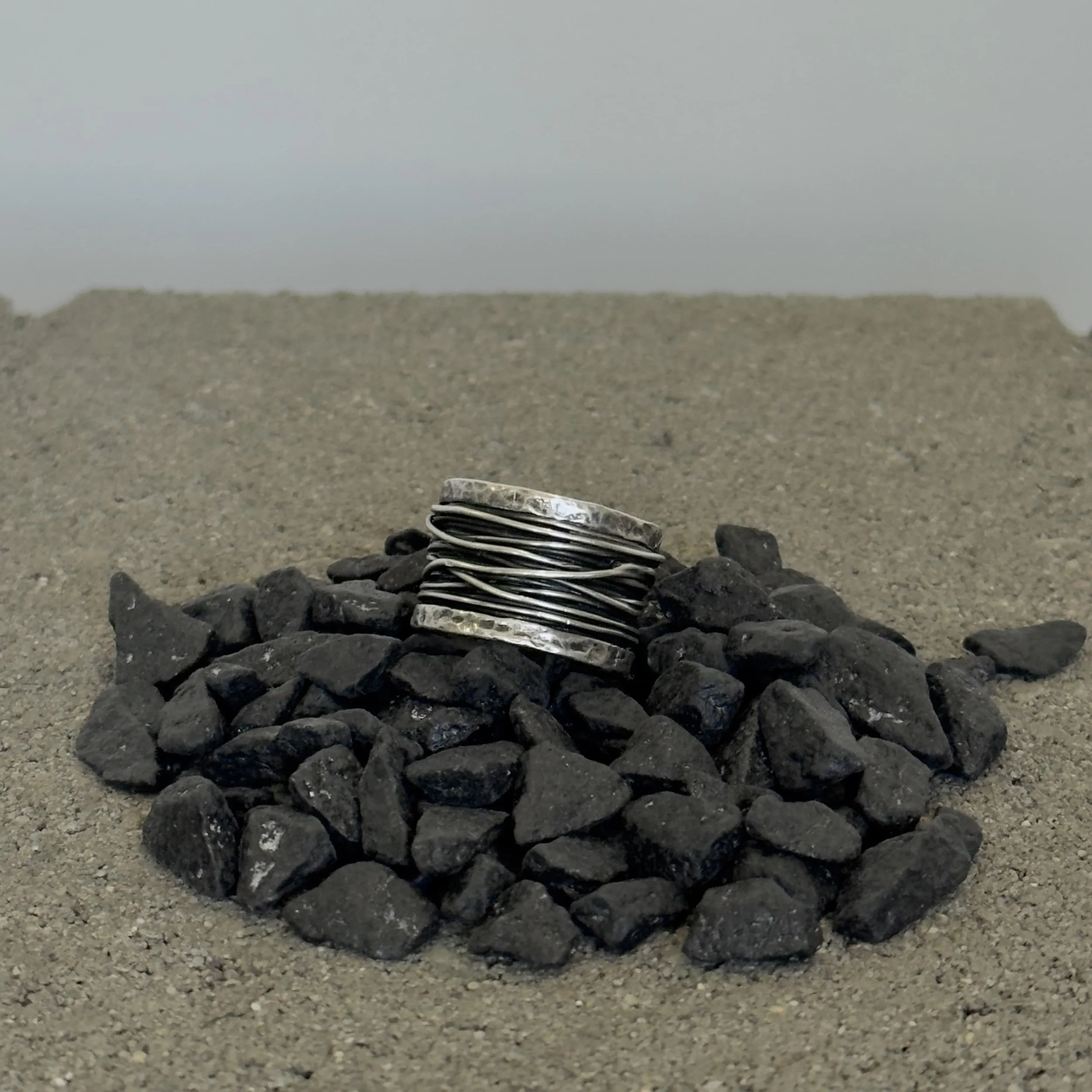 curated sterling silver ring, oxidized finish