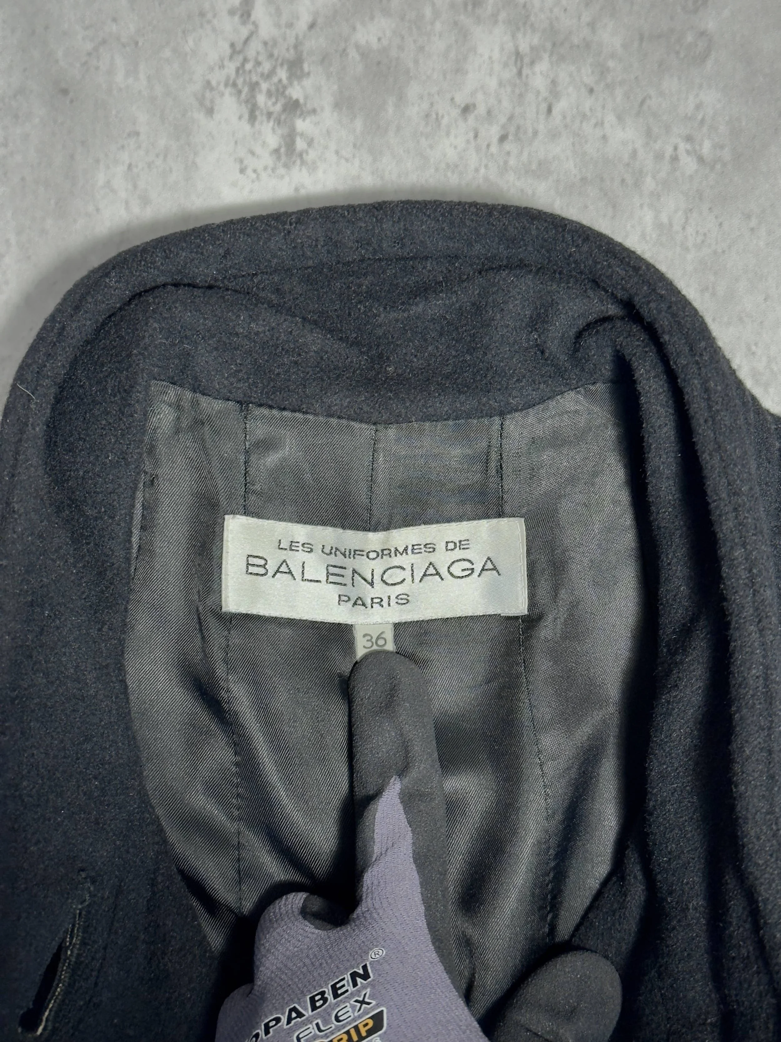 Vintage Balenciaga black paneled wool coat with high neck and oversized fit