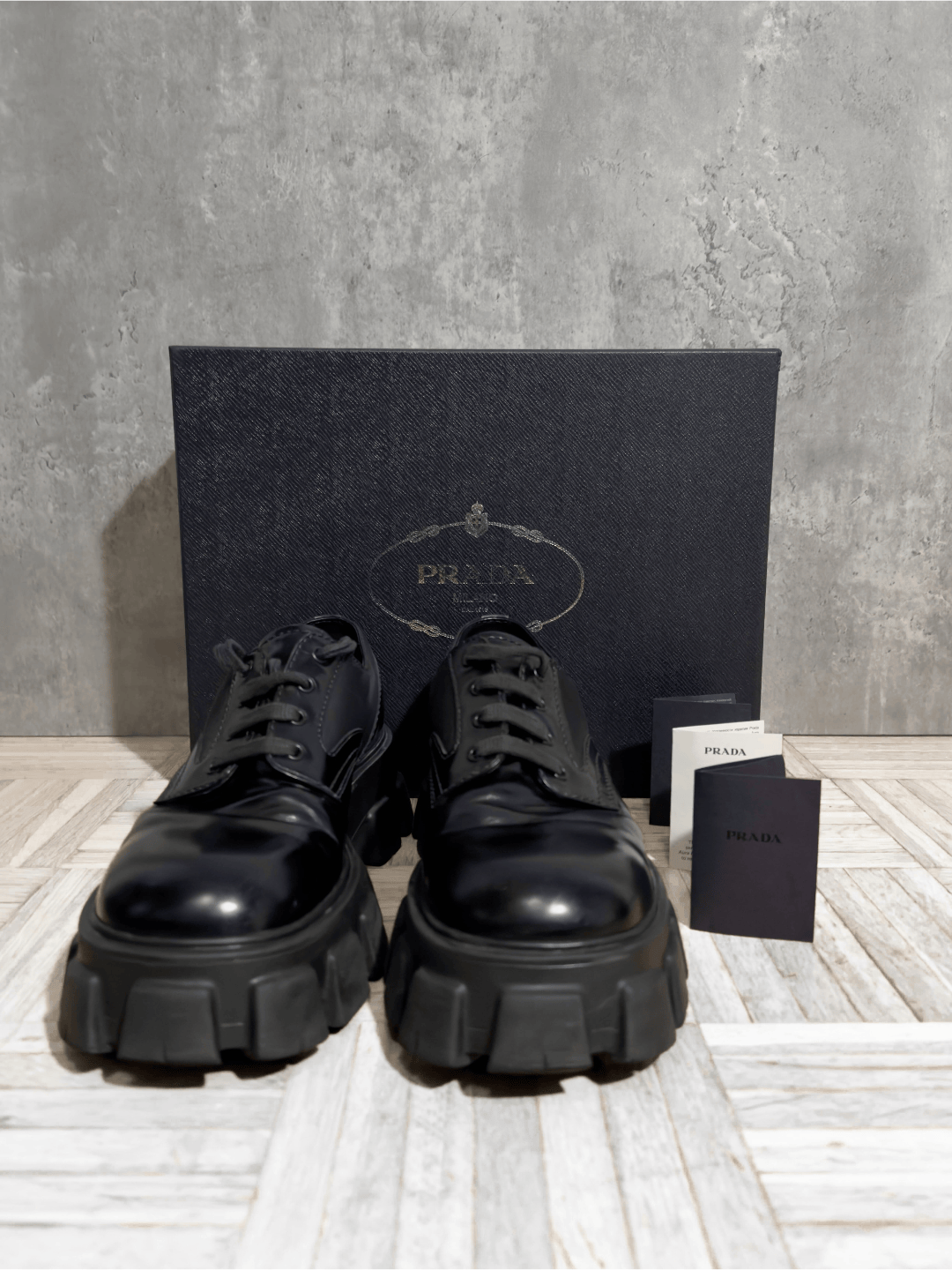 second-hand leather derby shoes by prada, black