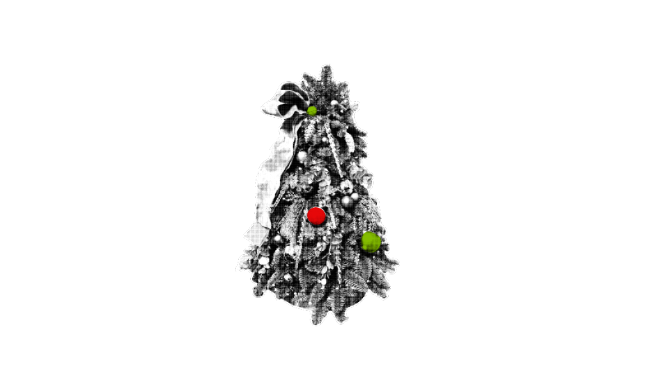 Decorated Christmas tree with red and green ornaments on a dark background