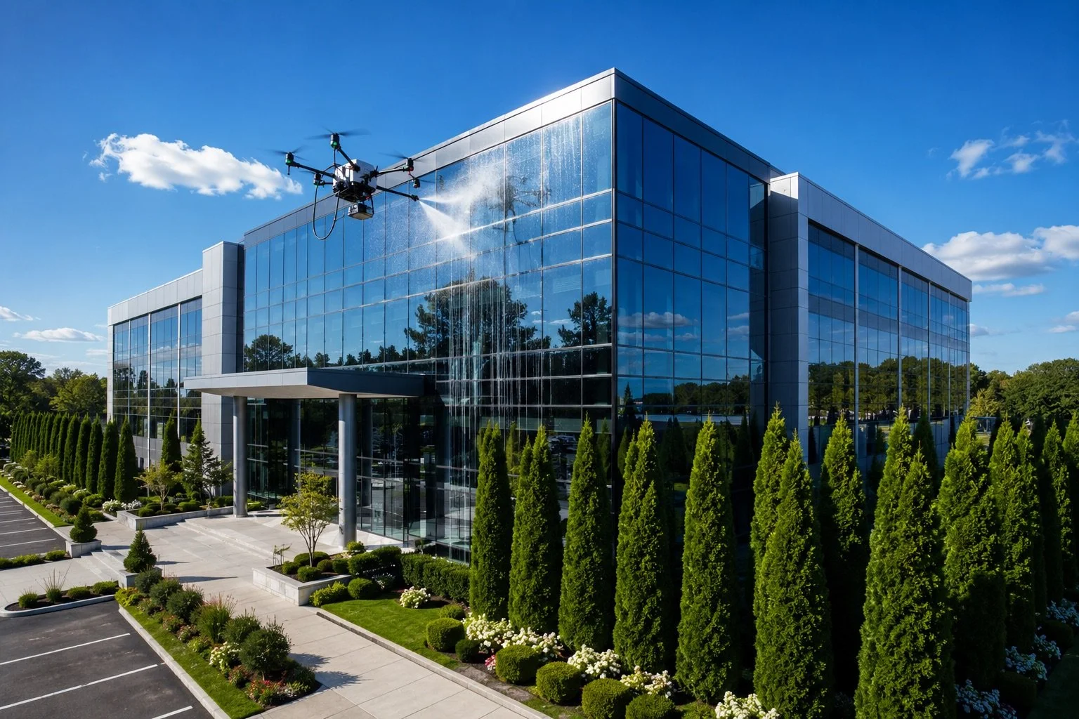 A modern office building with glass windows reflecting trees and sky. A drone is spraying a disinfectant or cleaning solution on the building's exterior.