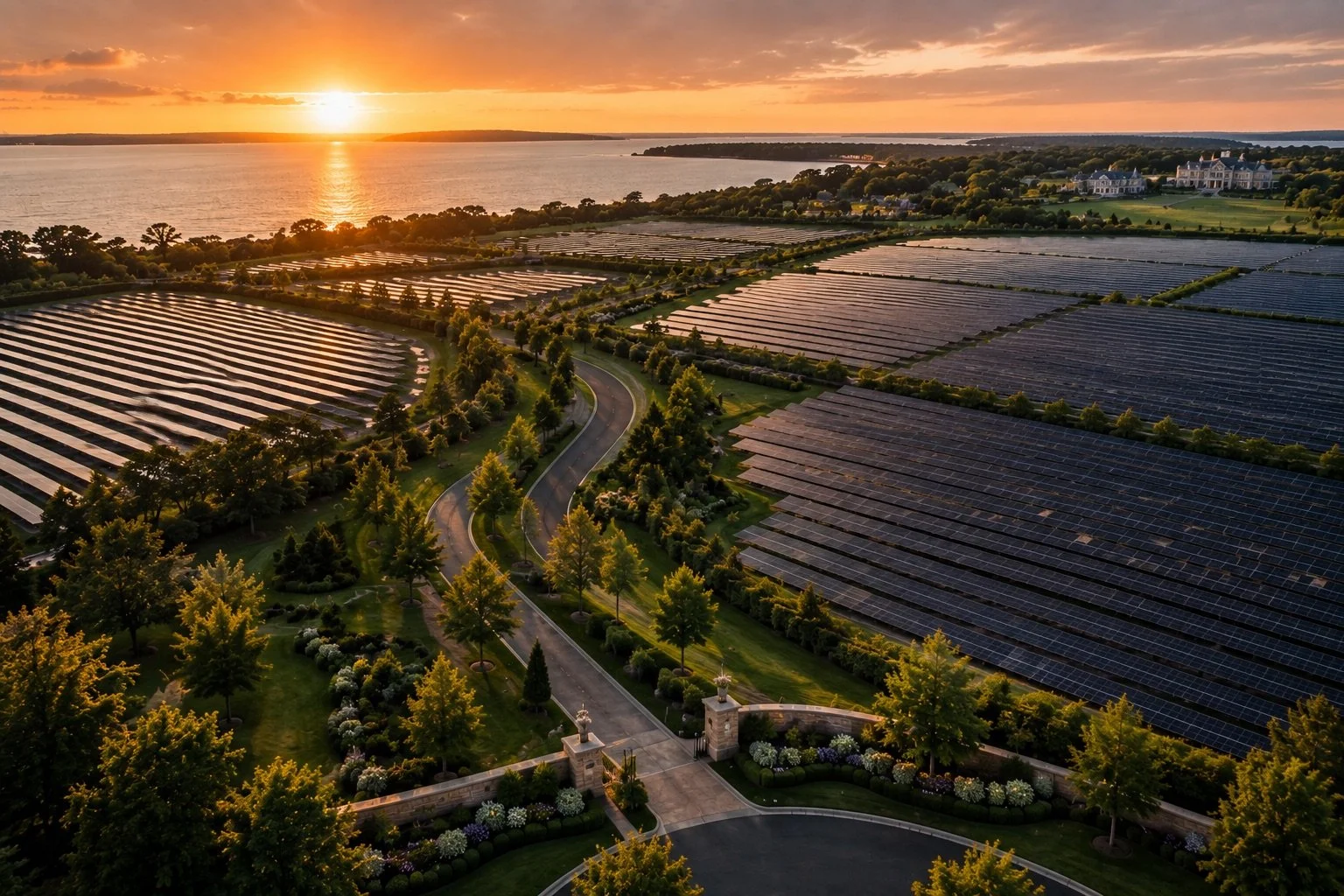 Sunset over a large solar farm with many solar panels, surrounded by greenery, trees, and a winding road, near a body of water.
