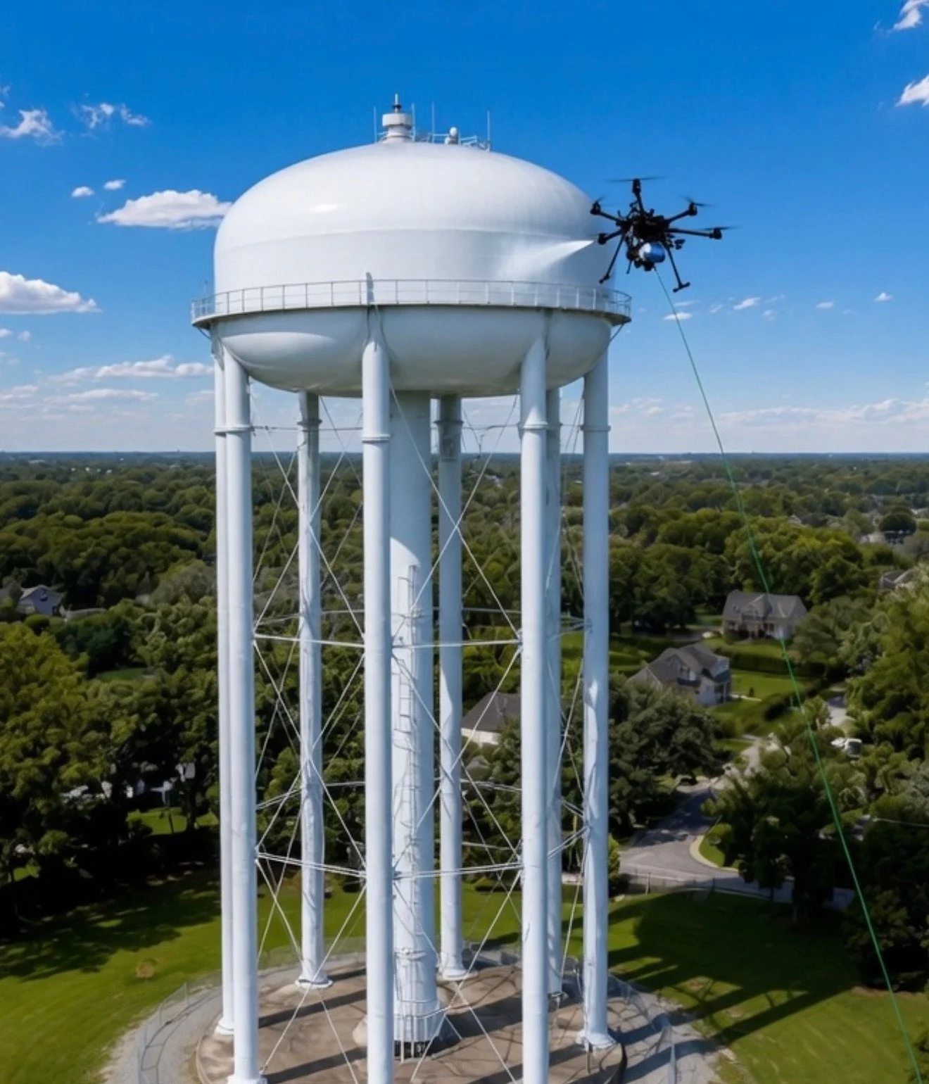 A large white water tower with a spherical top, supported by multiple tall, white steel legs with diagonal braces, situated in a suburban neighborhood surrounded by trees and houses under a bright blue sky with scattered clouds.