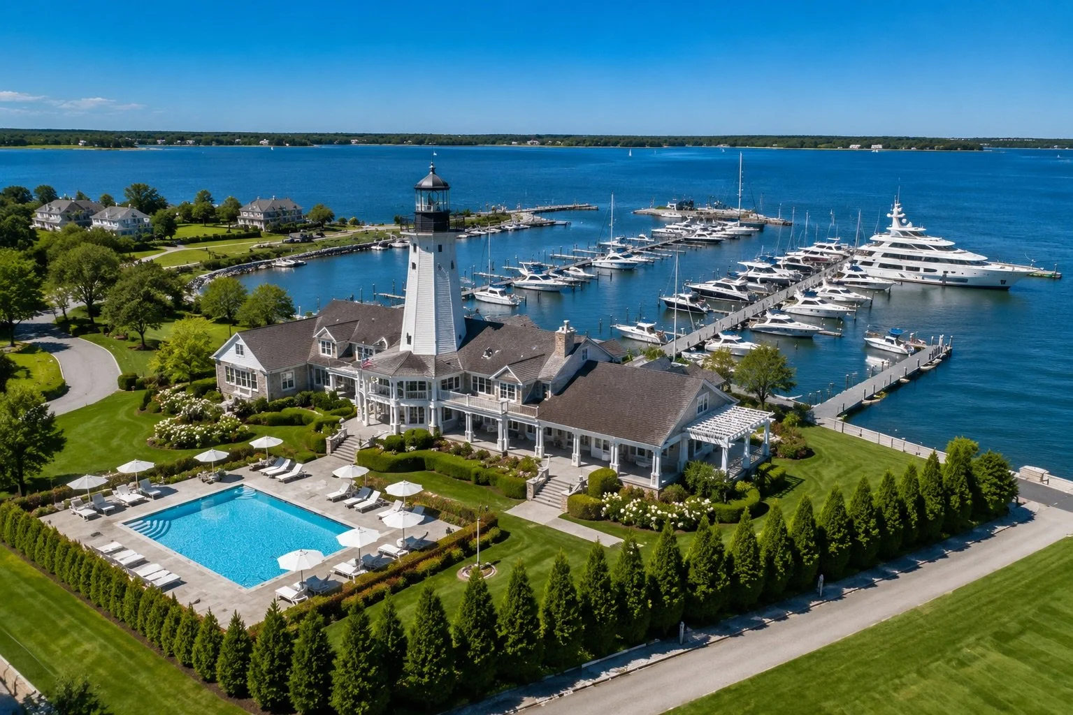 A luxury waterfront estate with a large house, a swimming pool, a marina with boats, and an expansive view of a blue lake.