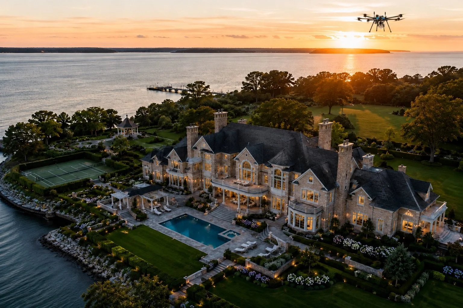 A large luxury mansion by the water at sunset with a drone flying overhead, surrounded by a well-manicured lawn, gardens, swimming pool, tennis court, and outdoor seating areas.