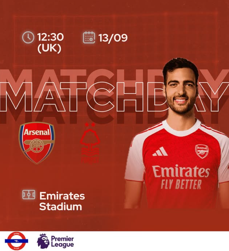 Matchday poster for an Arsenal football match at Emirates Stadium on September 13 at 12:30. Includes team logo, date, time, stadium, and Premier League logo.