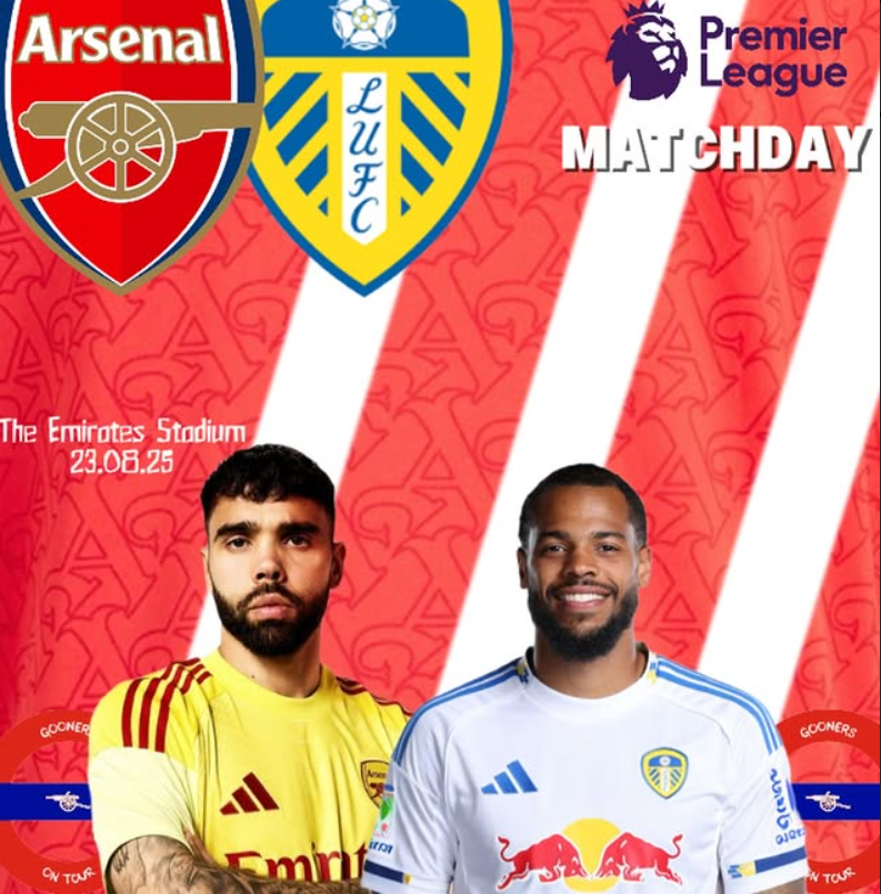 Promotional poster for an upcoming Premier League soccer match between Arsenal and Leeds United at The Emirates Stadium on August 23, 2025. The poster features images of two soccer players, and logos for Arsenal, Leeds United, and the Premier League.