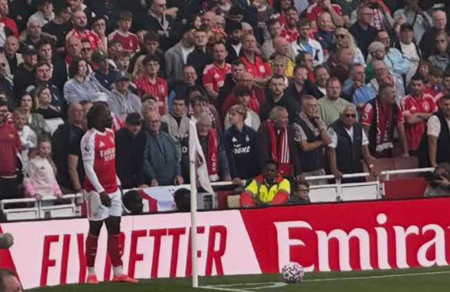 Soccer player on the field near the corner flag, with spectators and fans in the stands watching.