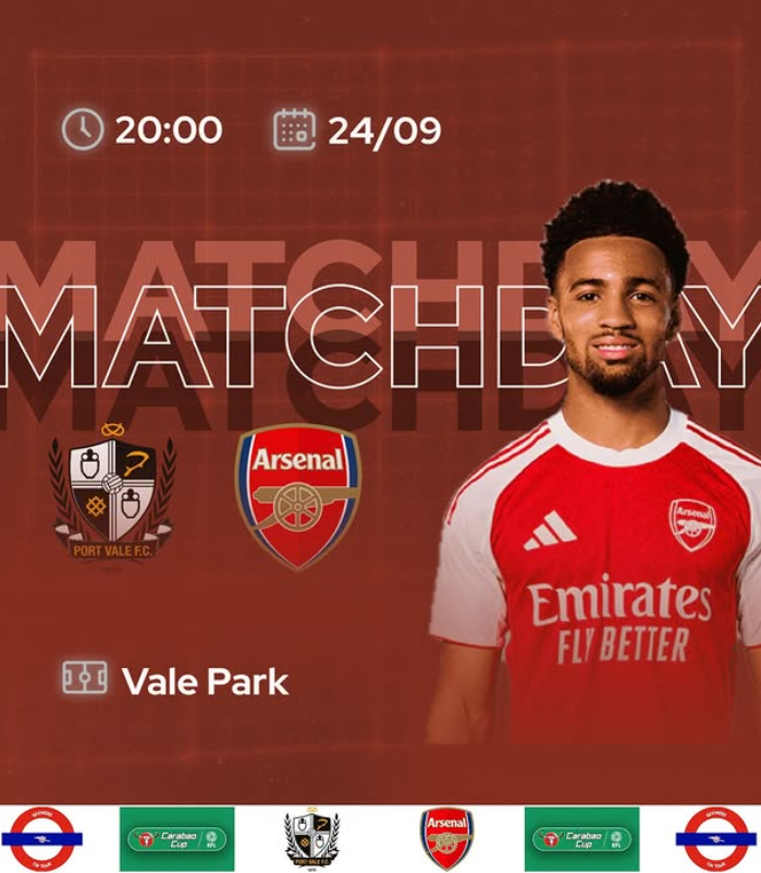 Match announcement poster for a soccer game between Port Vale F.C. and Arsenal, scheduled for September 24 at 8:00 PM at Vale Park. The poster features a player in an Arsenal jersey and logos of both teams and the league.