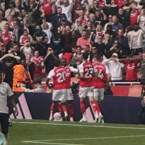 Soccer players celebrating a goal on the field with a crowd of fans in the stands.