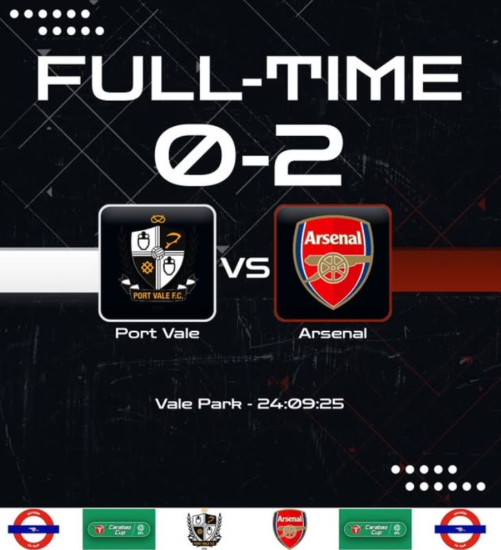 Schedule for a full-time soccer match between Port Vale and Arsenal at Vale Park, ending at 24:09:25.