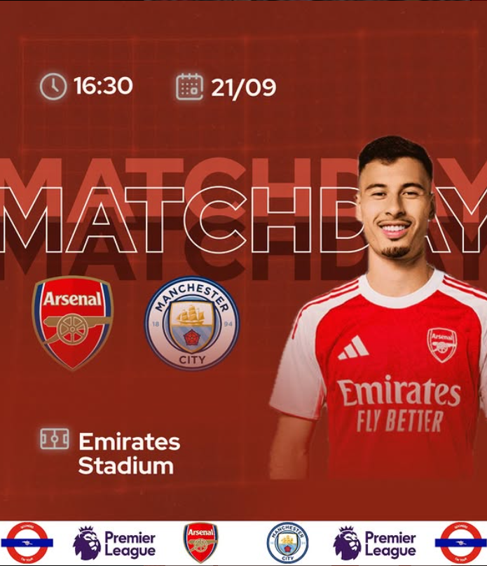 A match between Arsenal and Manchester City on September 21st at 4:30 PM at Emirates Stadium, featuring a smiling man in an Arsenal jersey, with logos of Arsenal, Manchester City, and Premier League.