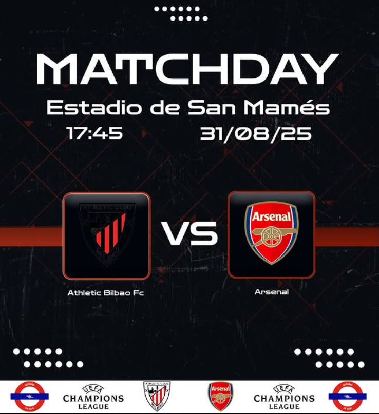 Soccer match poster for Athletic Bilbao FC vs Arsenal at Estadio de San Mamés, scheduled for August 31, 2025, at 5:45 PM. The poster features team logos, match date and time, and UEFA Champions League branding.