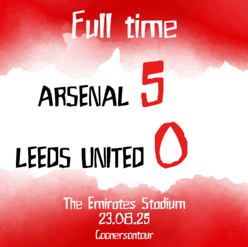 Scoreboard displaying Arsenal 5, Leeds United 0 at The Emirates Stadium on August 23, 2025, during the Coopers Tour.
