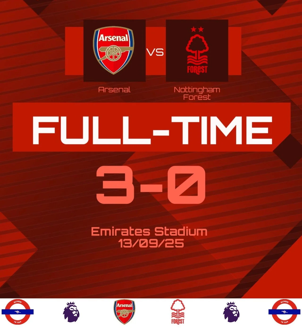 Soccer match result graphic showing Arsenal defeating Nottingham Forest 3-0 at Emirates Stadium on September 13, 2025.