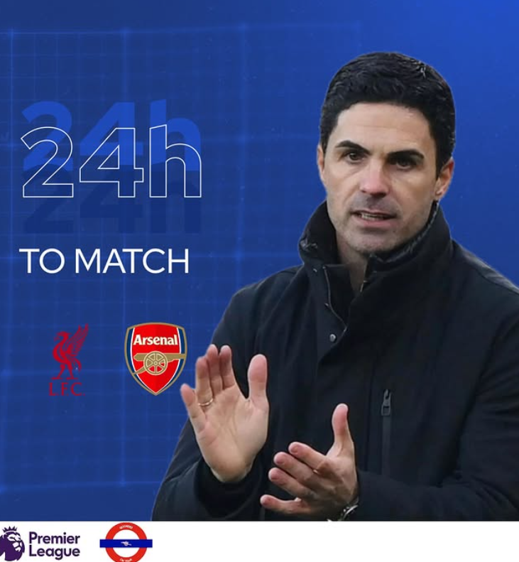 A promotional poster for an upcoming Premier League football match between Liverpool and Arsenal, scheduled in 24 hours. The poster features a man gesturing with hands, with the Liverpool and Arsenal logos displayed. The background is blue with the P