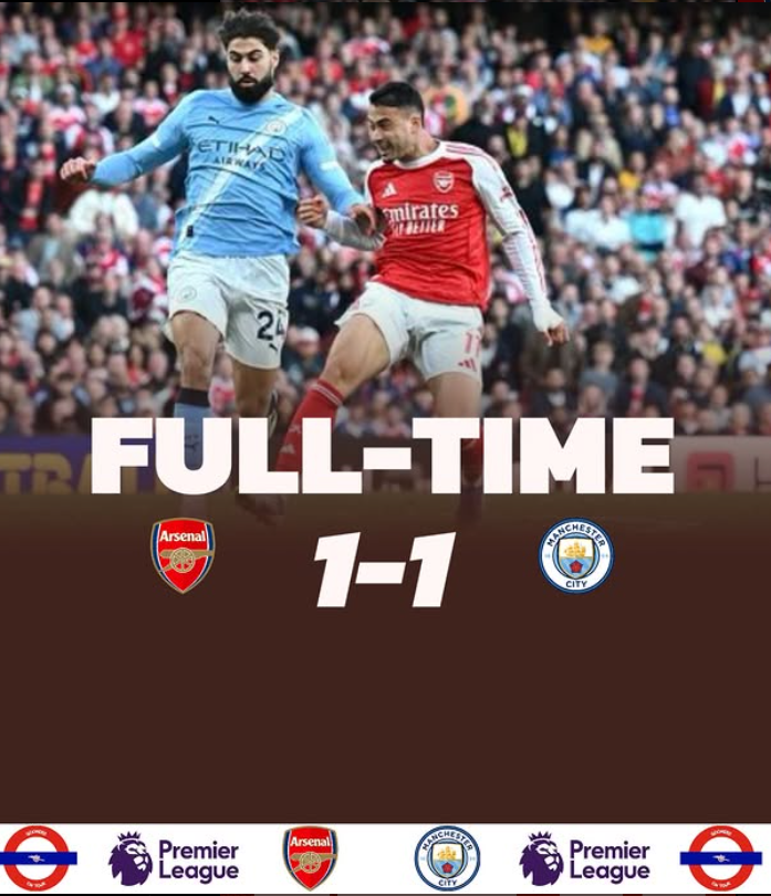 Photo of two soccer players from Arsenal and Manchester City during a match, with a crowd in the background. The score is 1-1, with 'Full-Time' displayed on the image.