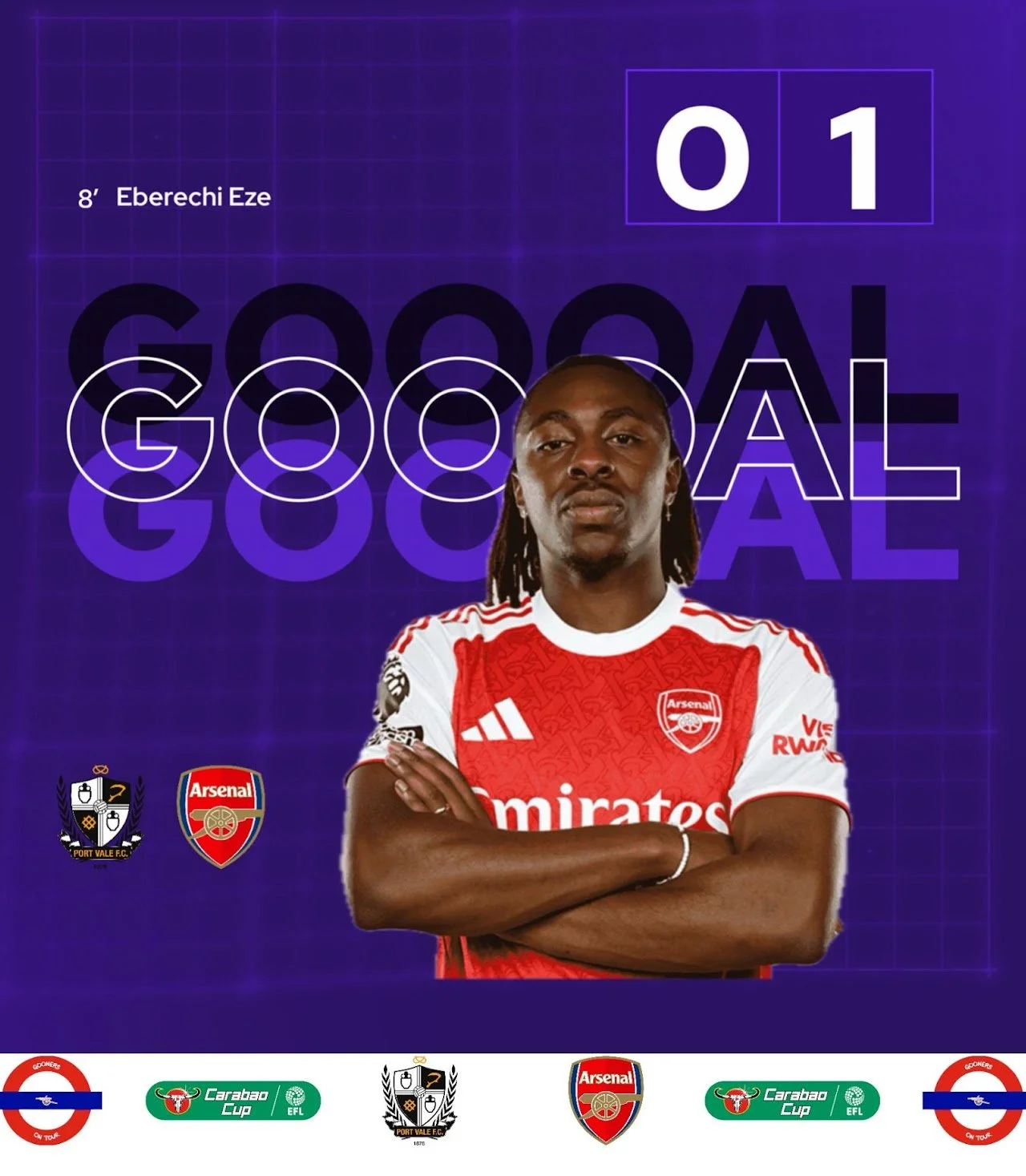 Celebration of a soccer player’s goal, featuring a male player in an Arsenal jersey with arms crossed, with the word 'GOAL' prominently displayed in the background, along with logos of Arsenal and football organizations.