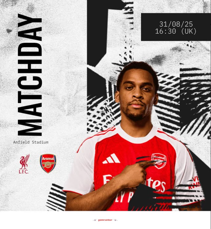Promotional graphic for a football match between Liverpool FC and Arsenal FC at Anfield Stadium, scheduled for August 25, 2023, at 4:30 PM UK time. The image features a soccer player in an Arsenal jersey pointing to the Arsenal logo.