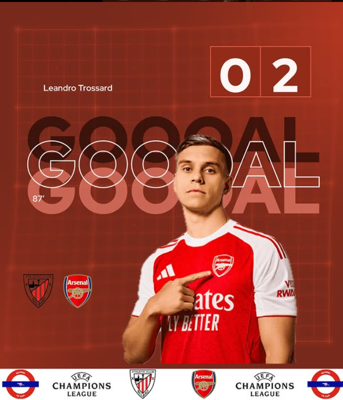 Graphic design featuring a football player in an Arsenal jersey, pointing to the Arsenal logo. The background shows the word 'GOAL' and the name 'Leandro Trossard'. Includes UEFA Champions League logos and club crests.