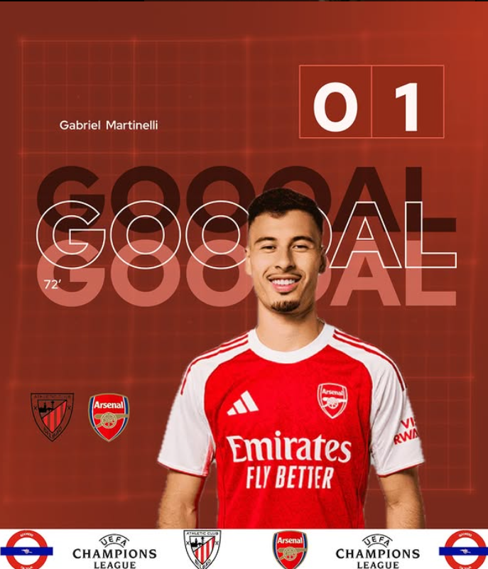 A young man in an Arsenal football jersey smiling, with the text 'GOAL' and '01' on a red background, celebrating a goal scored against Atletico Madrid in a UEFA Champions League match.