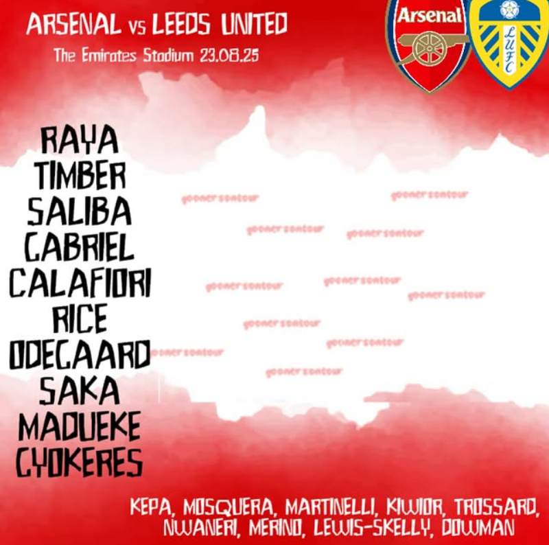 A poster for a soccer match between Arsenal and Leeds United at Emirates Stadium on August 23, 2025. It lists players for Leeds United with some names in black and red for emphasis and features team logos at the top.