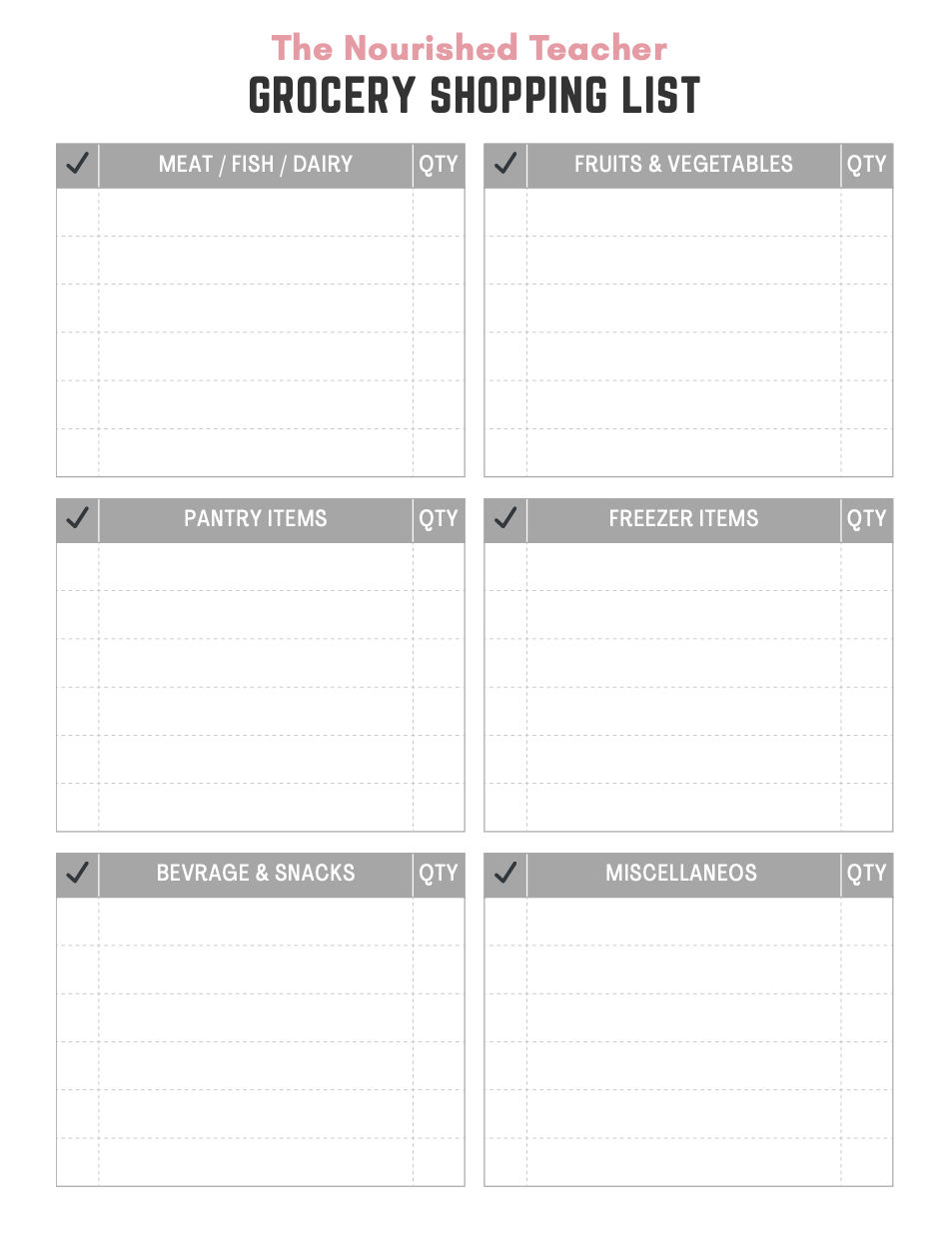 Grocery shopping list titled "The Nourished Teacher" divided into categories: Meat/Fish/Dairy, Fruits & Vegetables, Pantry Items, Freezer Items, Beverages & Snacks, Miscellaneous, with check marks next to each category and columns for quantity.