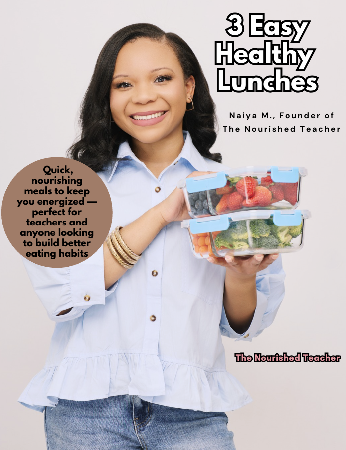 A smiling woman holding two clear plastic containers filled with colorful fruits and vegetables. The image has text promoting healthy lunches and nutrition.